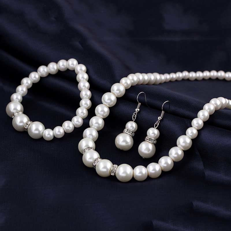 Europe Brand Simulated-Pearl Necklace Bracelet Earrings Women Jewelry Sets Inlay CZ Bride Set Women Wholesale Jewelry