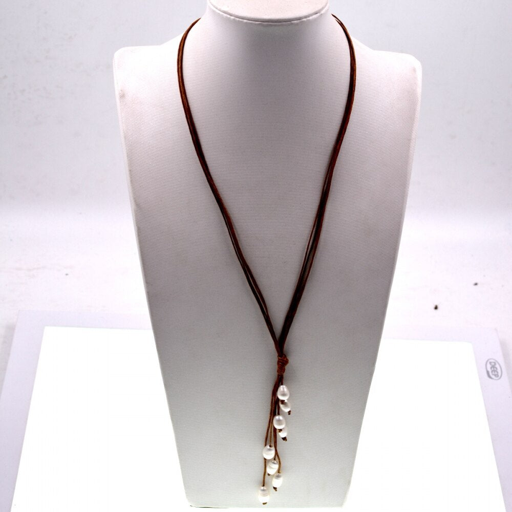 Europe Chic Big Hole white freshwater pearl long necklace with hemp cord Choker Necklaces