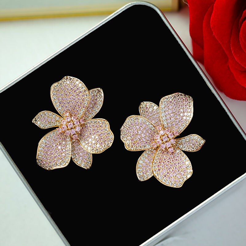 Europe jewelry 18K gold plated copper zircon exaggerated flower earrings  women's wedding party accessories