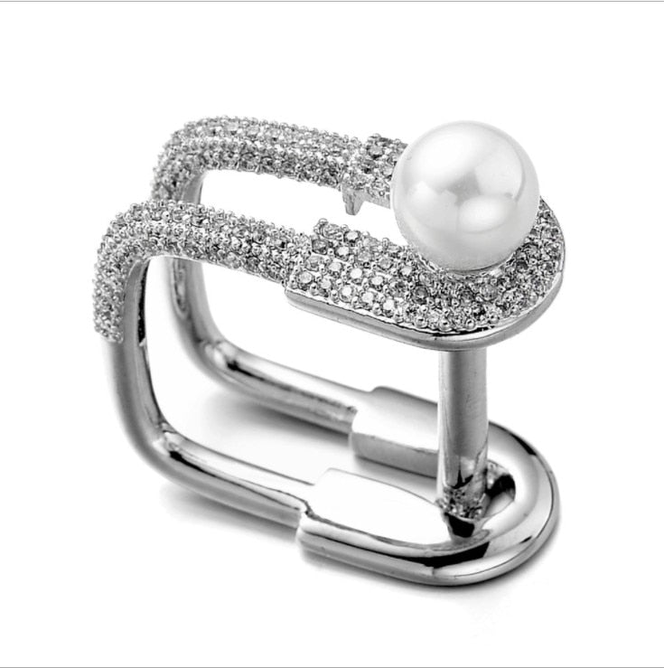 European 925 Sterling silver Needle Square pearl RING RING Female Crystal from Swarovski Simple Temperament Wild Anti-allergic