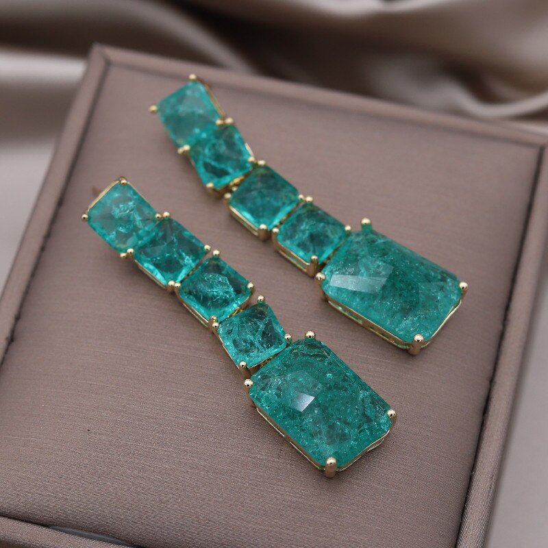 European American Design Jewelry Long Square Green Cracked Zircon Earrings  Women's Wedding Party Accessories