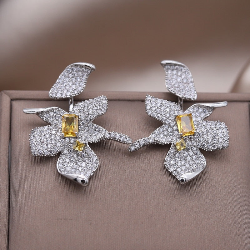 European American Design Jewelry  Full Zircon Large Flower Earrings Elegant Women's Wedding Party Accessories