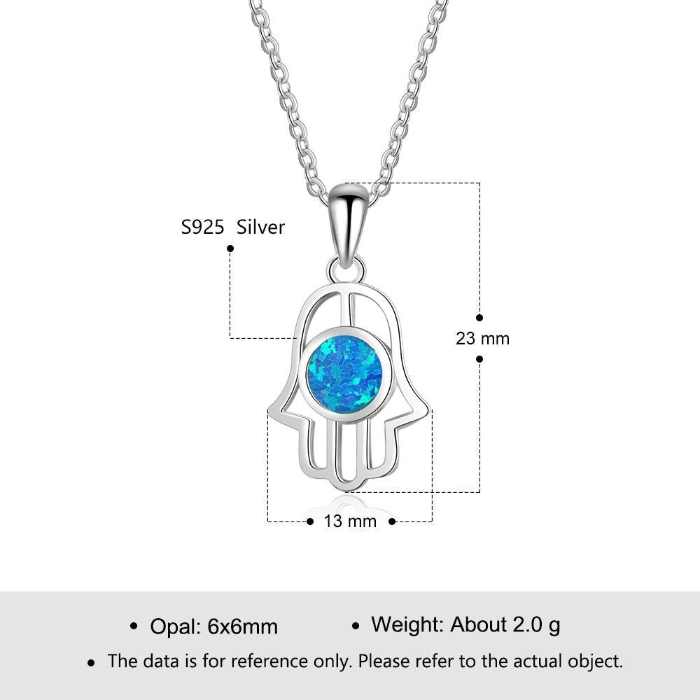 European Blue Opal Necklace Hamas Hand Pendant Necklaces 925 Sterling Silver Women Geometric Irregular Turkish Pendant