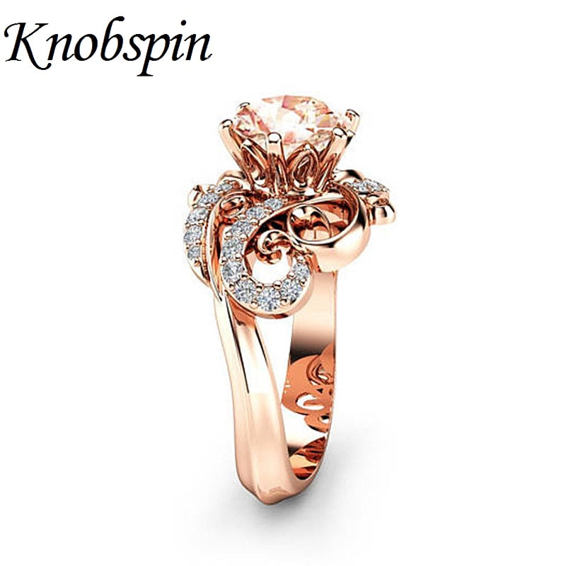 European Fashion Retro Rose Gold Color Flower Ring for Women Elegant Charming Finger Ring Wedding Engagement Jewelry Dropship