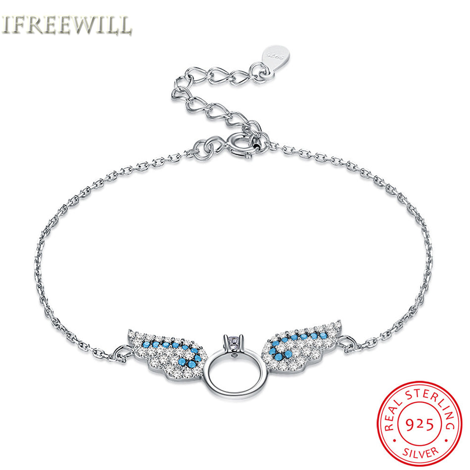 European Fashion S925 Silver woman Bracelet romantic Angel Wing full blue zircon Originality link chain fine jewelry