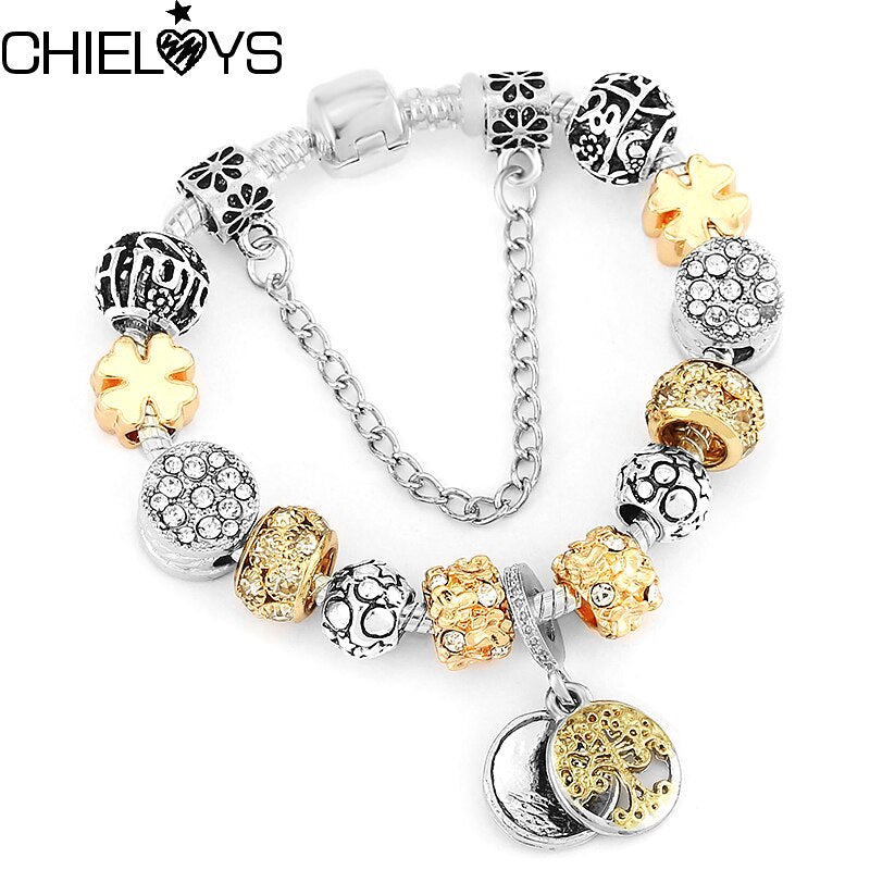 European Unique Silver Plated Charm Bracelet DIY Crystal Beads Brand Bracelets For Women Wife Jewelry Gift