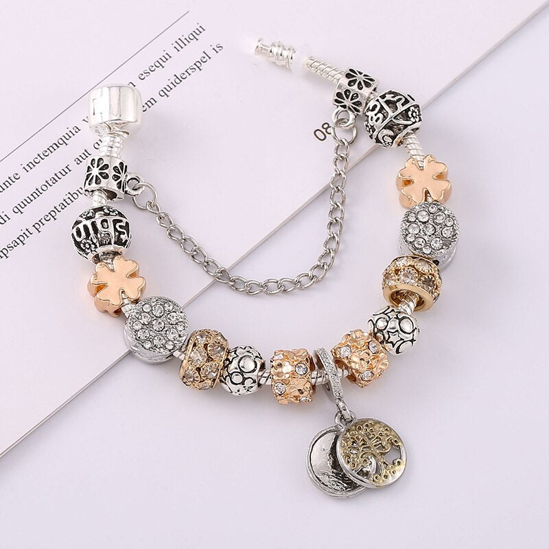 European Unique Silver Plated Charm Bracelet DIY Crystal Beads Brand Bracelets For Women Wife Jewelry Gift