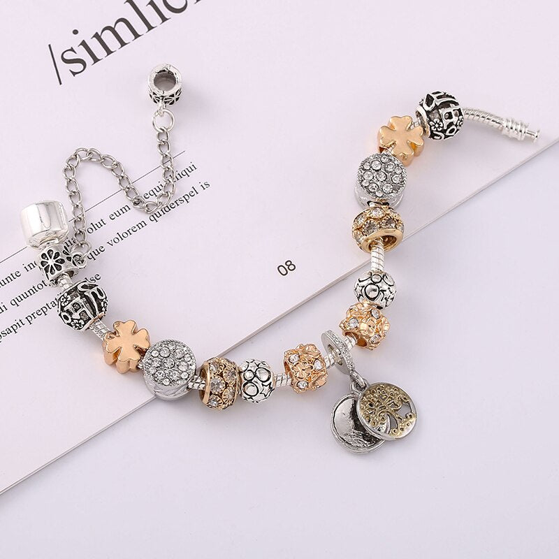 European Unique Silver Plated Charm Bracelet DIY Crystal Beads Brand Bracelets For Women Wife Jewelry Gift