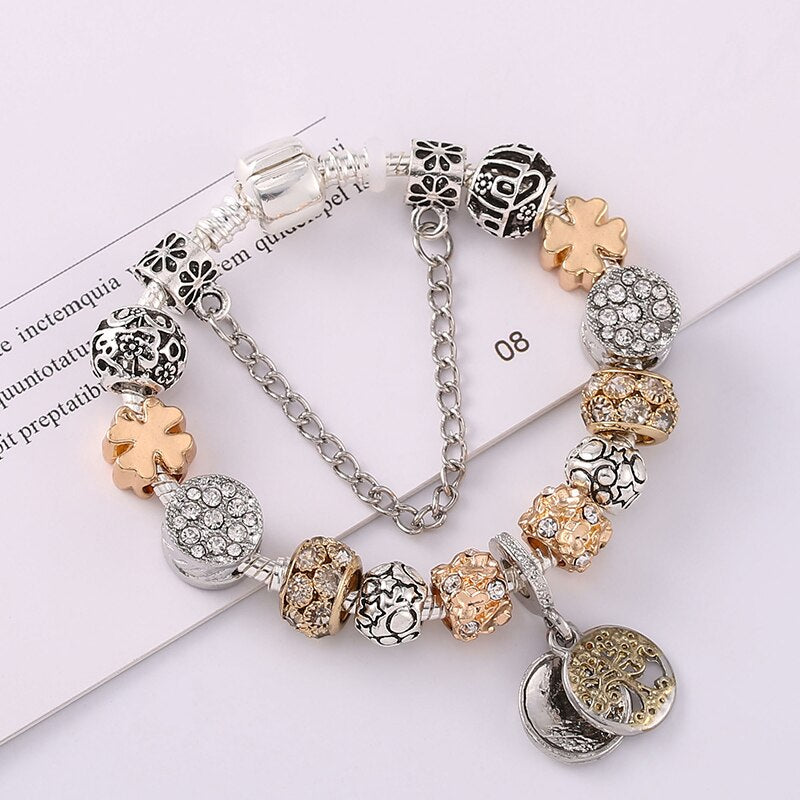 European Unique Silver Plated Charm Bracelet DIY Crystal Beads Brand Bracelets For Women Wife Jewelry Gift