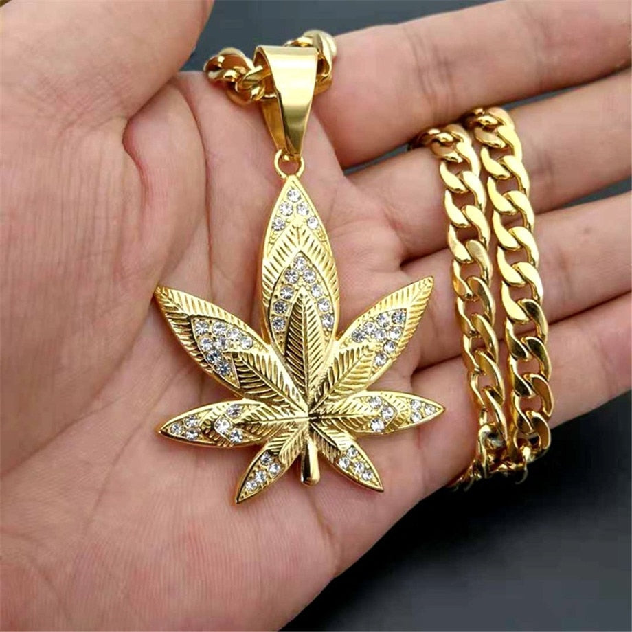 European Hemp Leaf Pendant Necklaces For Men Gold Color Stainless Steel Rhinestones Necklaces Hippie Jewelry