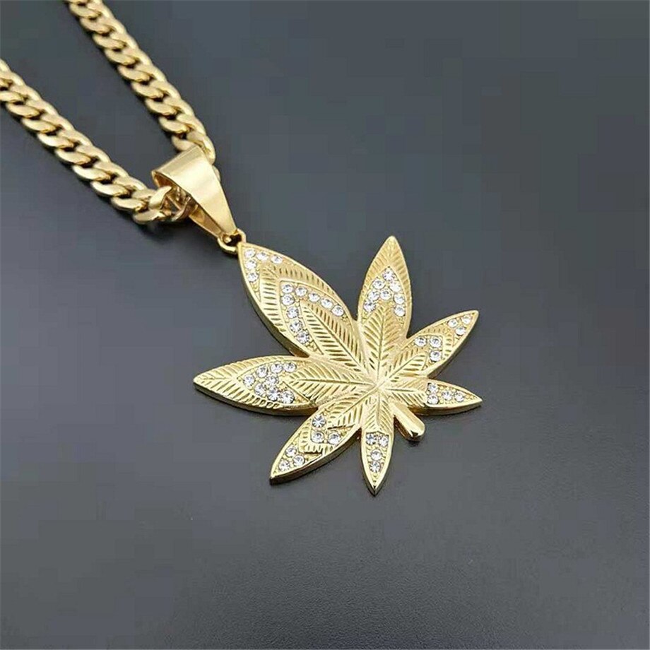 European Hemp Leaf Pendant Necklaces For Men Gold Color Stainless Steel Rhinestones Necklaces Hippie Jewelry