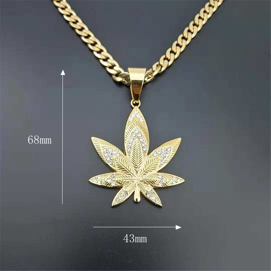 European Hemp Leaf Pendant Necklaces For Men Gold Color Stainless Steel Rhinestones Necklaces Hippie Jewelry