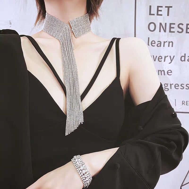 European Ladies  Rhinestone Choker Necklace Multi-layers Wide Fringe Tassel Necklace Jewelry Elegant Women Party Necklace