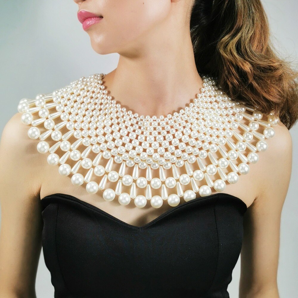 European  Wide Layered Pearl Necklace Chokers Collar Women Wedding Party Gown Necklace Wraps Shawl Pearl Knitting Jewelry