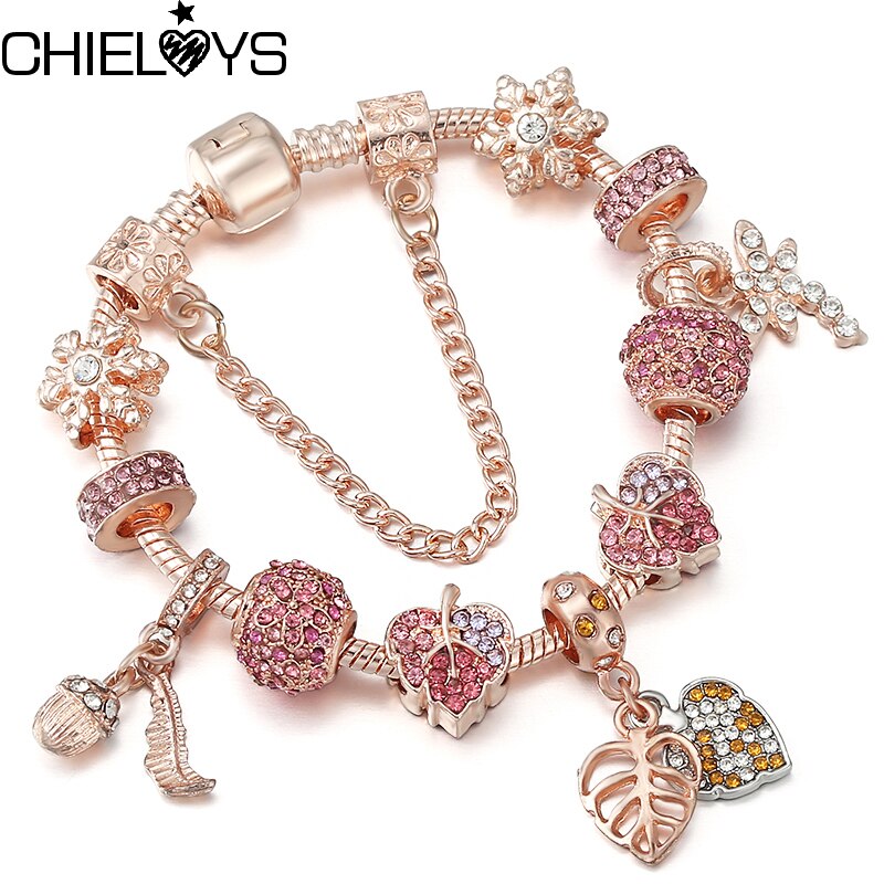 European Style Leaves & Butterfly Pendant Beads Charm Bracelets With Snake Chain Bracelets Bangles For Women Jewelry Gift