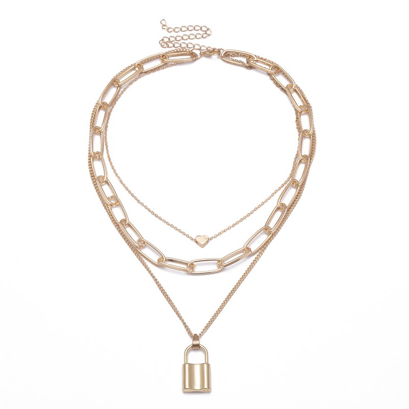 European and American Exaggerated Thick Chain Hip-Hop Retro Multi-layer Geometric Lock-Shaped Love Necklace Sexy Ladys 2021