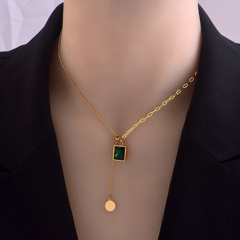 European and American  Emerald Stainless Steel Gold Necklace For Woman Korean Jewelry Girl's Sexy Clavicle Chain