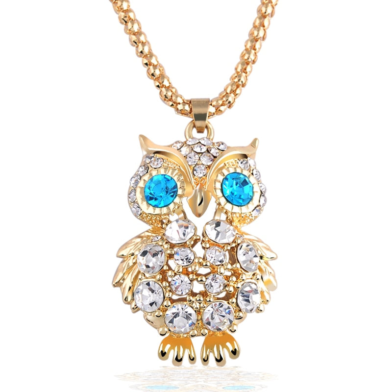European and American New fashion Golden Hollow owl Crystal Long Chain Pendant Necklace Fine Jewelry for women Collar
