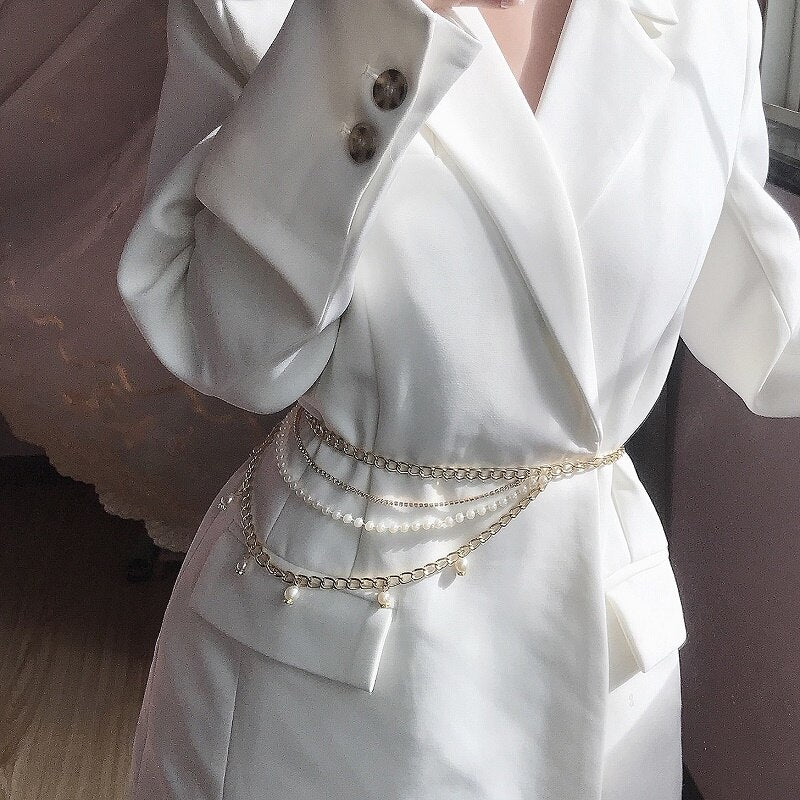 European and American Pearl Rhinestone multi-layer waist chain tassel dress decoration chain female sexy body chain metal waist