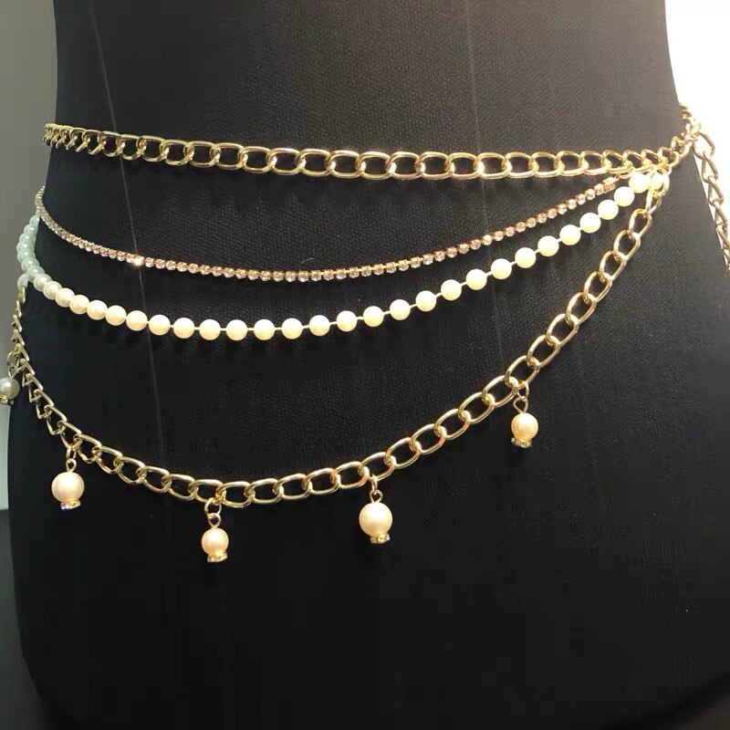 European and American Pearl Rhinestone multi-layer waist chain tassel dress decoration chain female sexy body chain metal waist