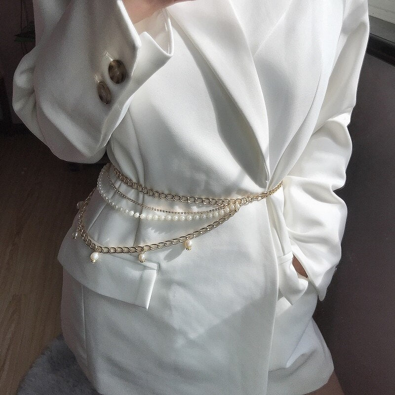European and American Pearl Rhinestone multi-layer waist chain tassel dress decoration chain female sexy body chain metal waist
