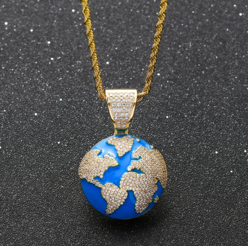European and American Popular Hip Hop Blue Earth Metal Pendant Necklace Creative Design Men's Rock Party Jewelry