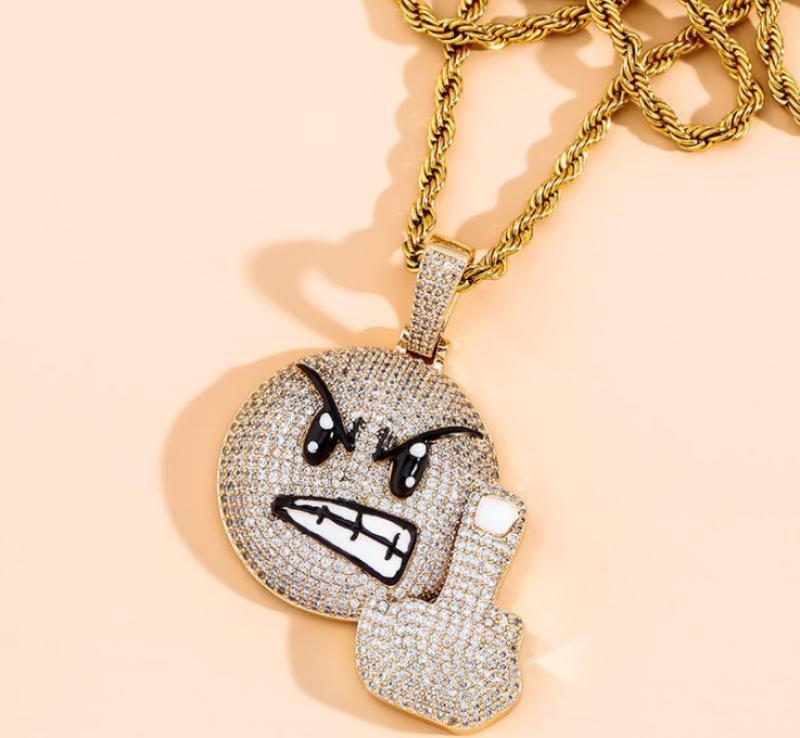 European and American Popular Hip Hop Zircon Inlaid Angry Expression Pendant Necklace Men's Rock Punk Party Jewelry