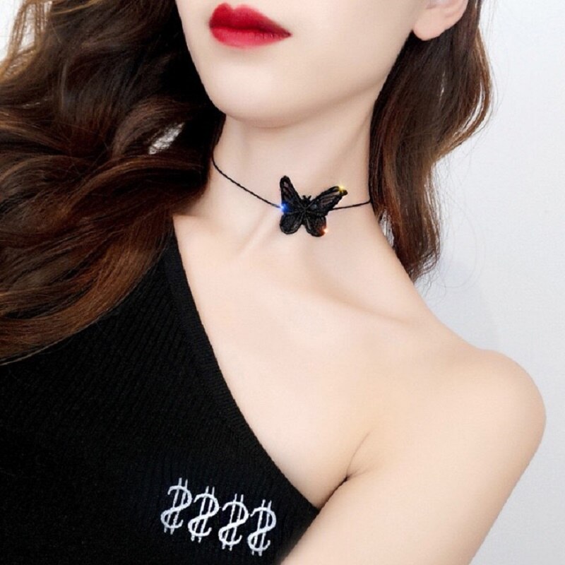 European and American Sexy Lace Bow collarbone chain women charm Korean White / Black Lace Butterfly Necklace