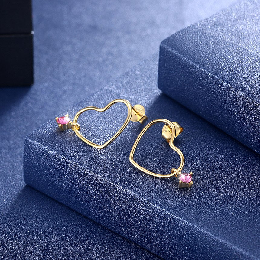 European and American Simple Style Circle Red Crystals Earrings for Women Sterling Silver 925 trendy Heart-shaped Fine Jewelry