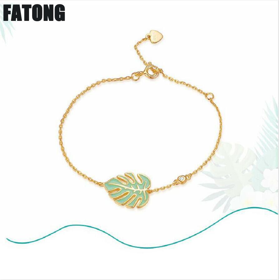 European and American fashion trend simple monstera leaves drops green oil paint 925 sterling silver bracelet women J0256