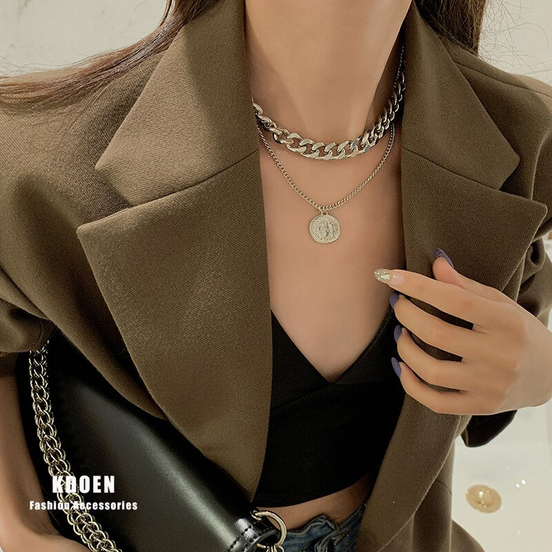 European and American heavy industry metal chain hip hop round brand Pendant Necklace exaggeration female clavicle chain