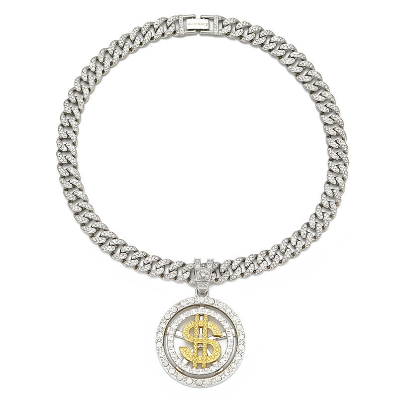 European and American high street style fortune Necklace US dollar bitcoin maple leaf rotatable sweater chain CUBAN CHAIN