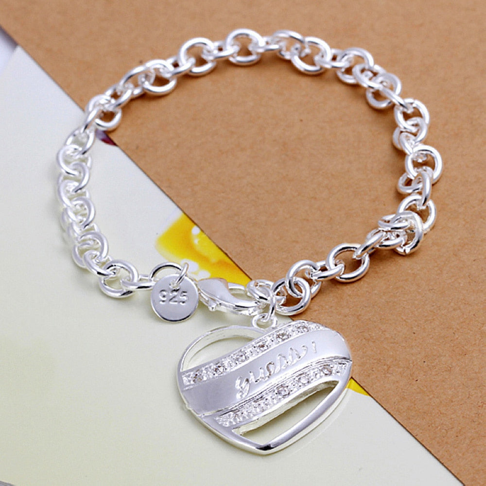 European and American hot Fashion style Heart-shaped Semi-solid Bracelet for Women 925 Sterling Silver Link Chain Fine Jewelry