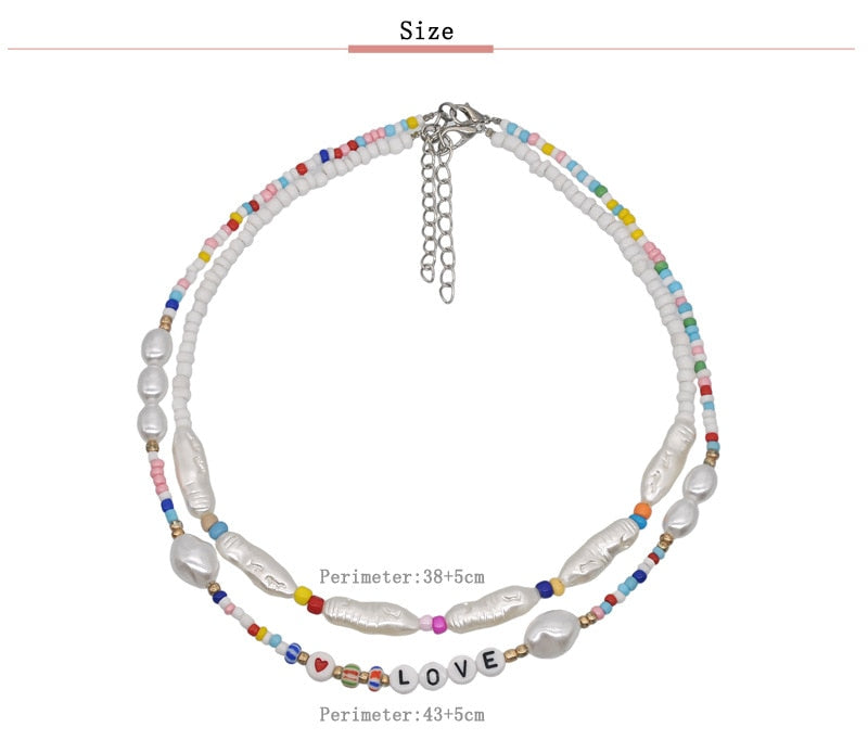 European and American heart love letter jewelry pearl necklace female bohemian color rice bead neck clavicle chain