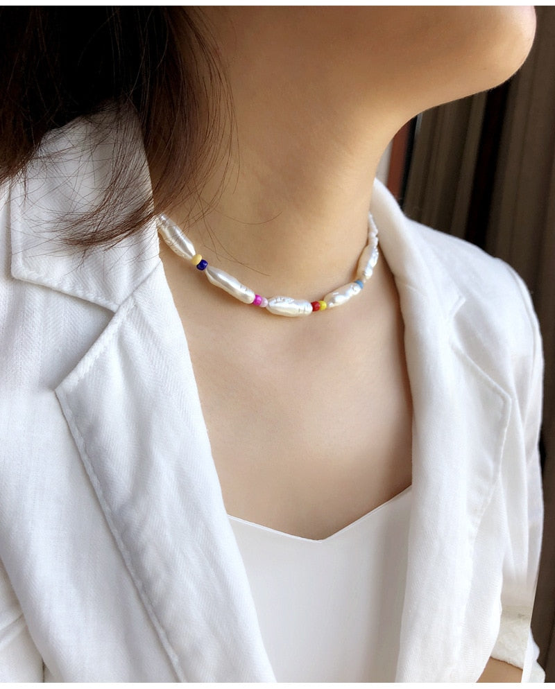 European and American heart love letter jewelry pearl necklace female bohemian color rice bead neck clavicle chain