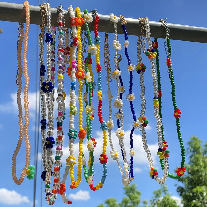 European and American personality color necklace beaded ethnic style creative rice beads weaving flowers Pearl necklace geometry