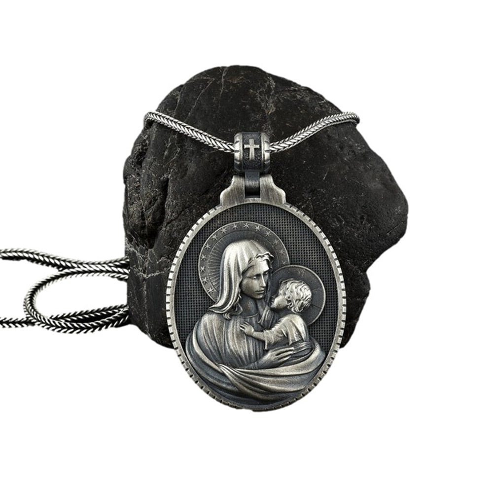 European and American style God Pendant Christian Necklace Vintage Virgin Mary Embracing Baby Jesus Commemorative Medal
