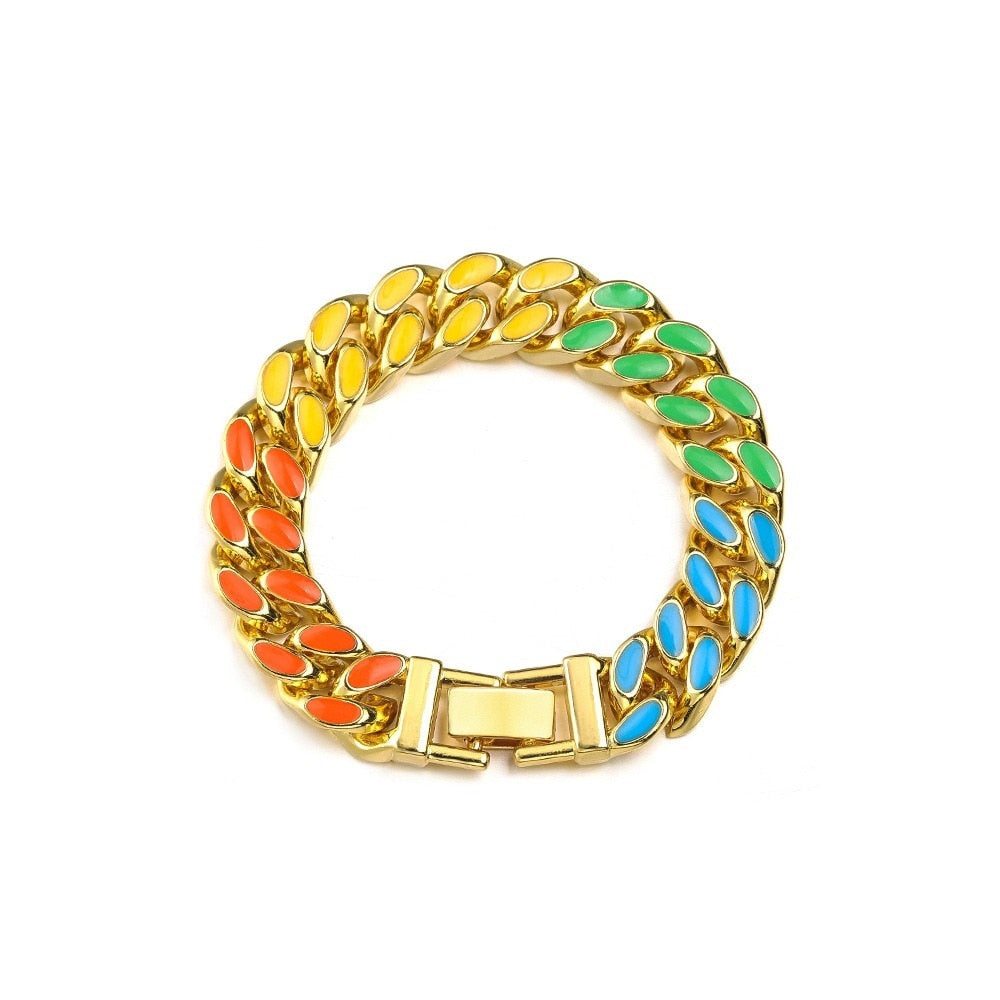 European and American unisex alloy party holiday gifts color Cuban necklace trend hip hop rock men's bracelet jewelry