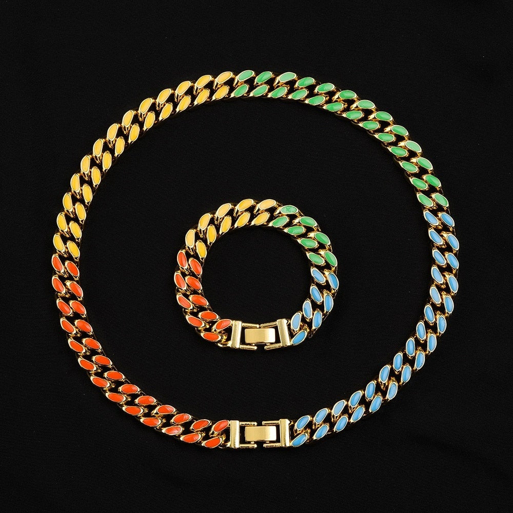 European and American unisex alloy party holiday gifts color Cuban necklace trend hip hop rock men's bracelet jewelry