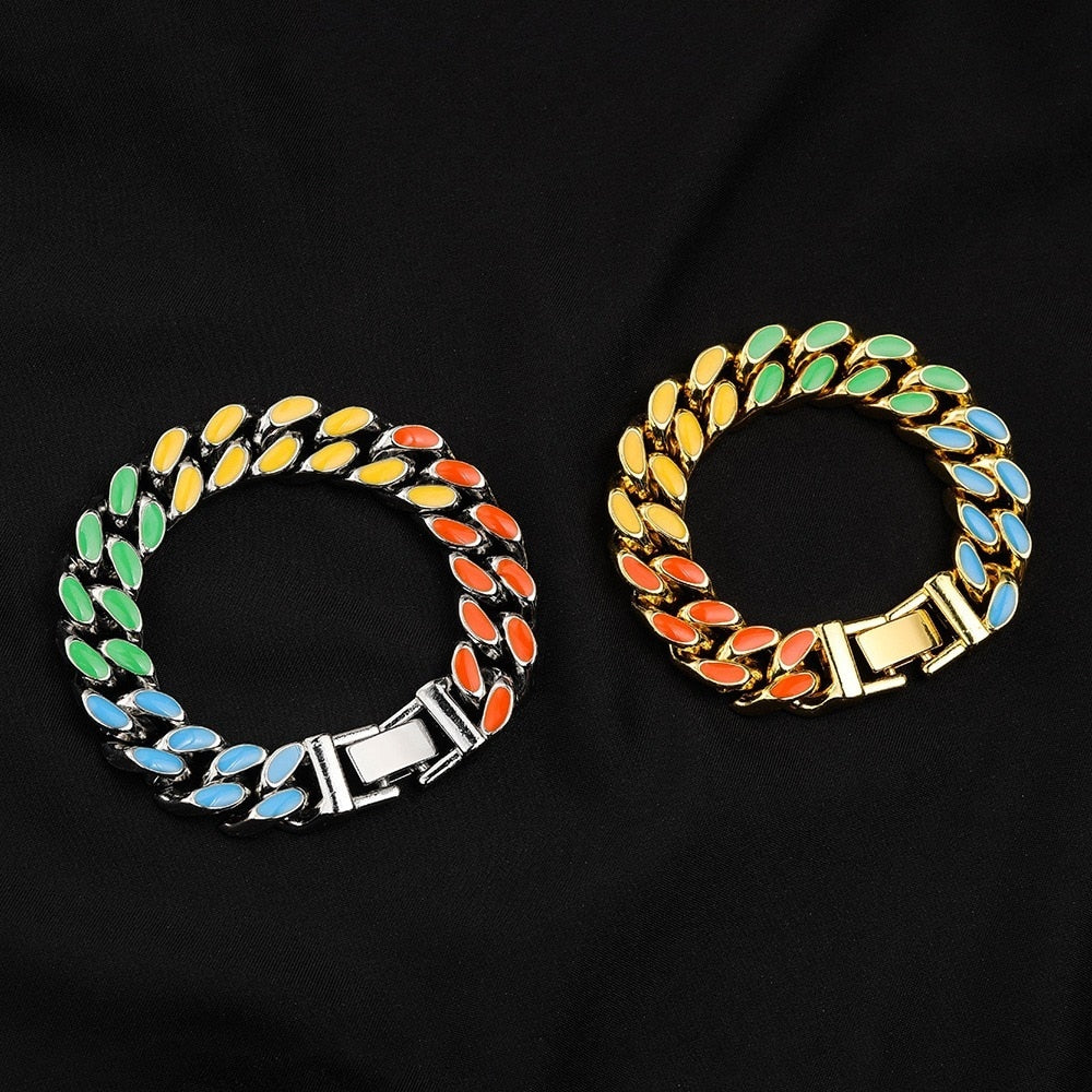 European and American unisex alloy party holiday gifts color Cuban necklace trend hip hop rock men's bracelet jewelry