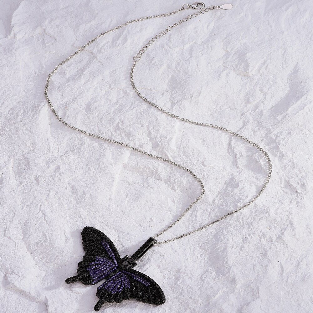 European and American women hip-hop exaggerated butterfly full-set zircon black gold-plated color diamond small  necklace