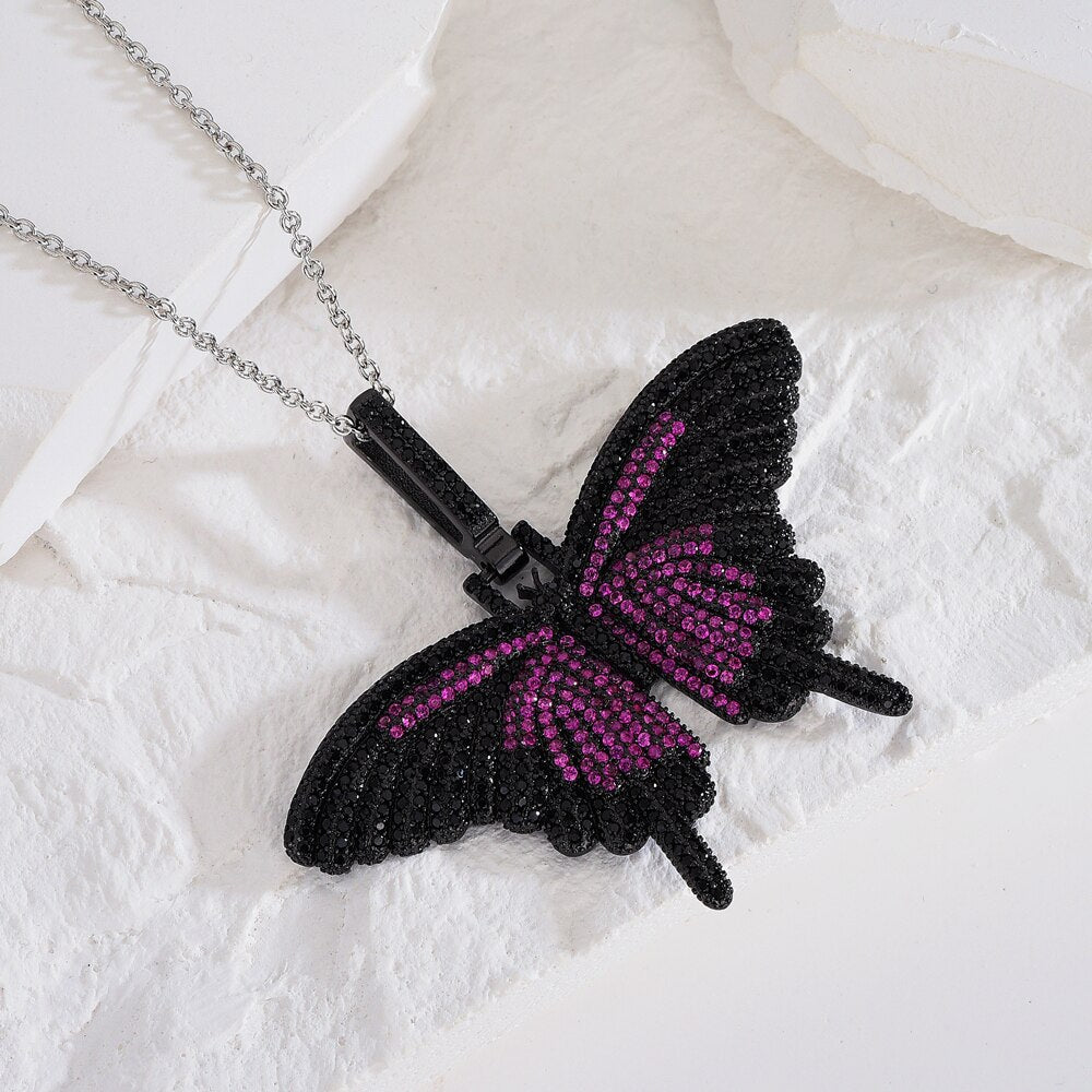 European and American women hip-hop exaggerated butterfly full-set zircon black gold-plated color diamond small  necklace