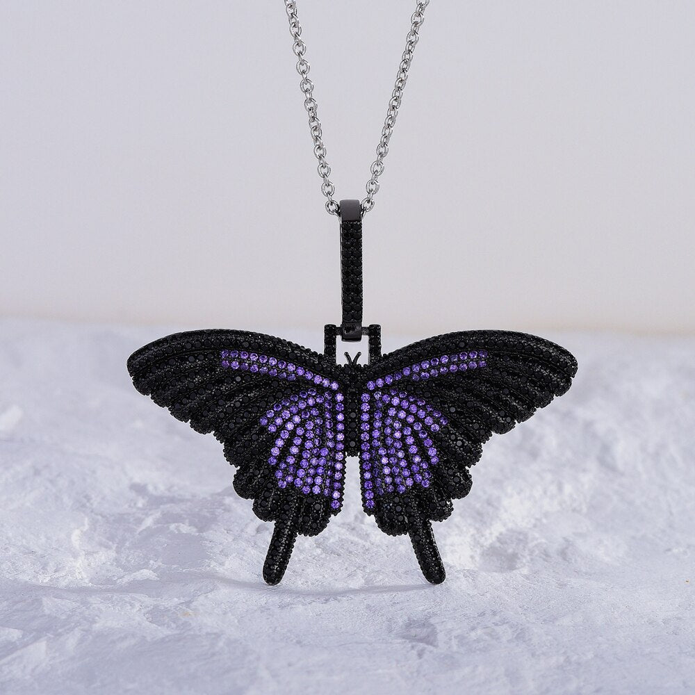 European and American women hip-hop exaggerated butterfly full-set zircon black gold-plated color diamond small  necklace