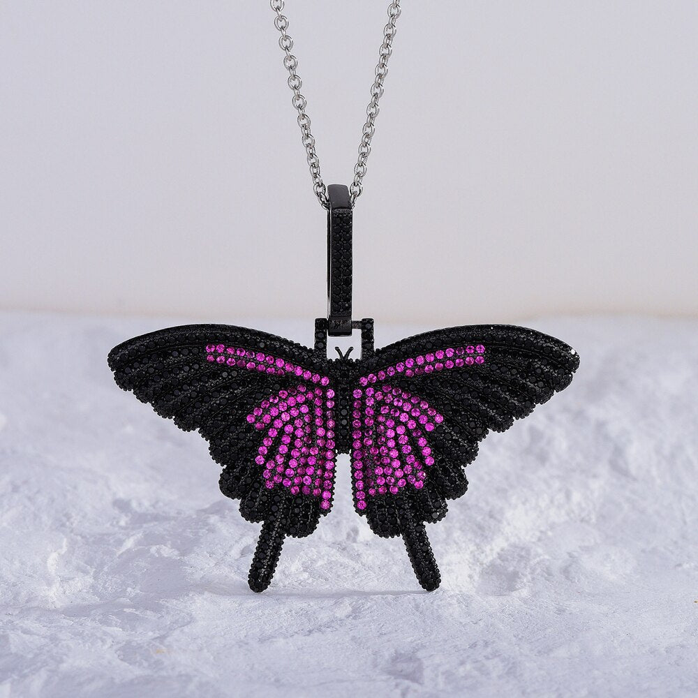 European and American women hip-hop exaggerated butterfly full-set zircon black gold-plated color diamond small  necklace
