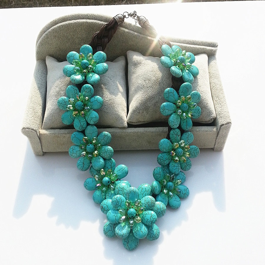 European style womens exaggerated flower necklace luxury turquoises Stone necklace for women fashion summer dress chain