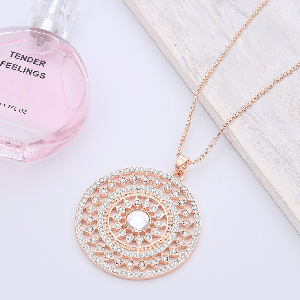 Everlasting Flower Big Round Pendant Woman Necklace Gold Silver Color Sweater Chain With Zircon Necklaces Vintage Jewelry 2022