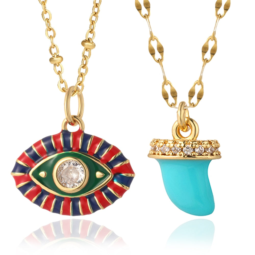 Evil Blue Eye Greek Woman's Pendant Female Enamel Turkish Red Blue Boho Goth Necklace for Women Punk Stainless Steel Chain Link