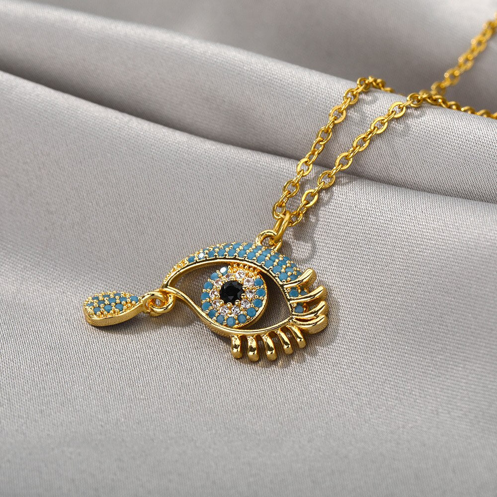 Evil Eye Cubic Zirconia Necklace For Women Stainless Steel Crystal Pendant Necklaces Gold Color Choker Weddding Couple Jewerly