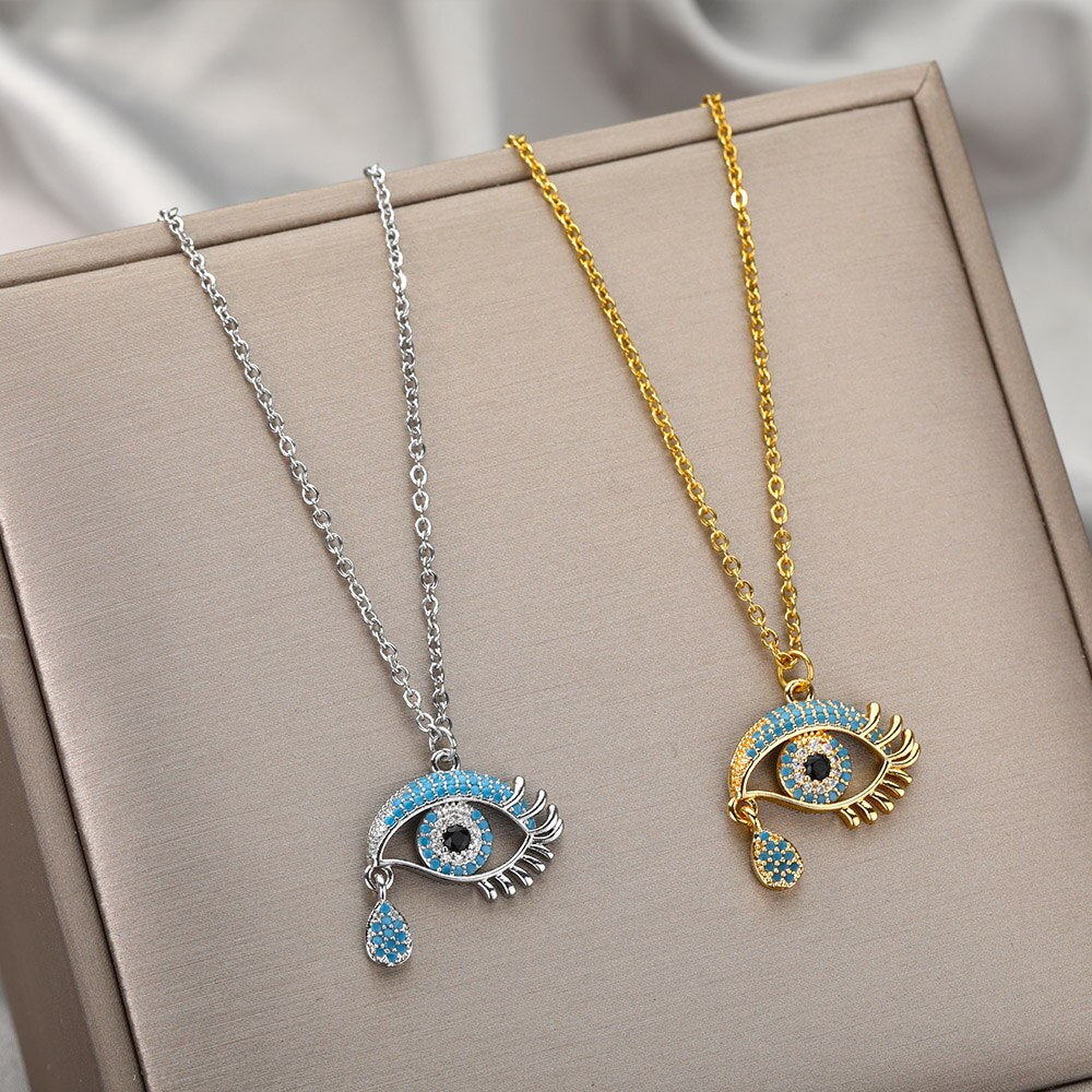 Evil Eye Cubic Zirconia Necklace For Women Stainless Steel Crystal Pendant Necklaces Gold Color Choker Weddding Couple Jewerly