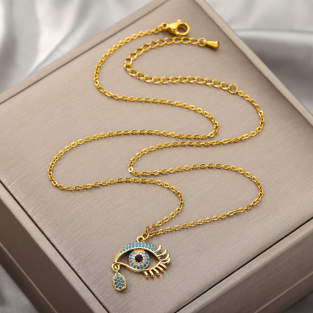 Evil Eye Cubic Zirconia Necklace For Women Stainless Steel Crystal Pendant Necklaces Gold Color Choker Weddding Couple Jewerly